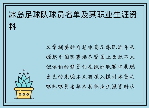 冰岛足球队球员名单及其职业生涯资料