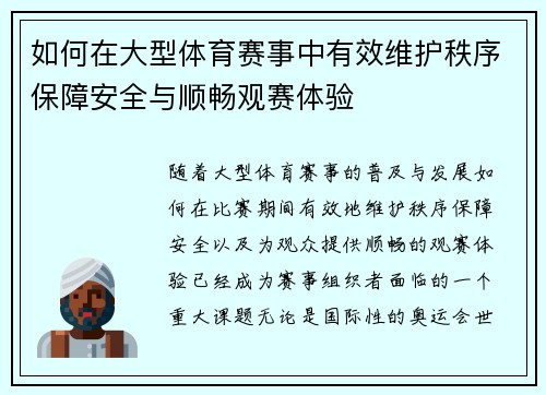 如何在大型体育赛事中有效维护秩序保障安全与顺畅观赛体验